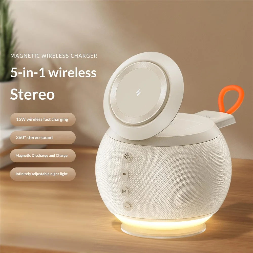 HT-572 5-in-1 15W Magnetic Wireless Charger with Bluetooth-compatible Speaker Night Light Charging Stand - Beige - 4