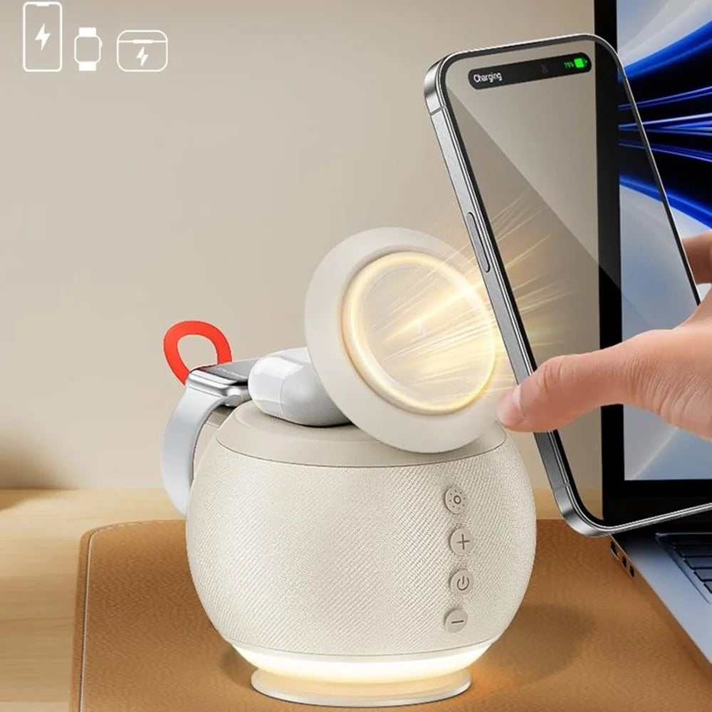 HT-572 5-in-1 15W Magnetic Wireless Charger with Bluetooth-compatible Speaker Night Light Charging Stand - Beige - 5