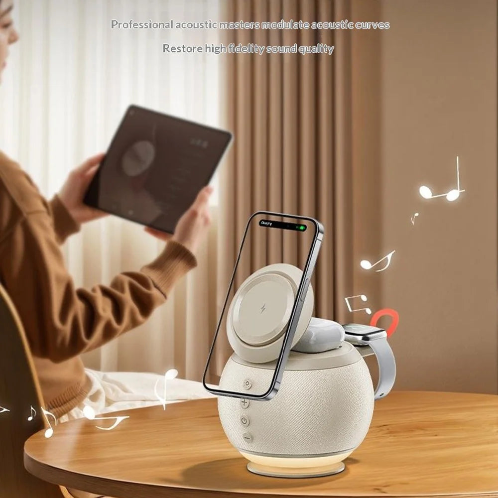 HT-572 5-in-1 15W Magnetic Wireless Charger with Bluetooth-compatible Speaker Night Light Charging Stand - Beige - 6