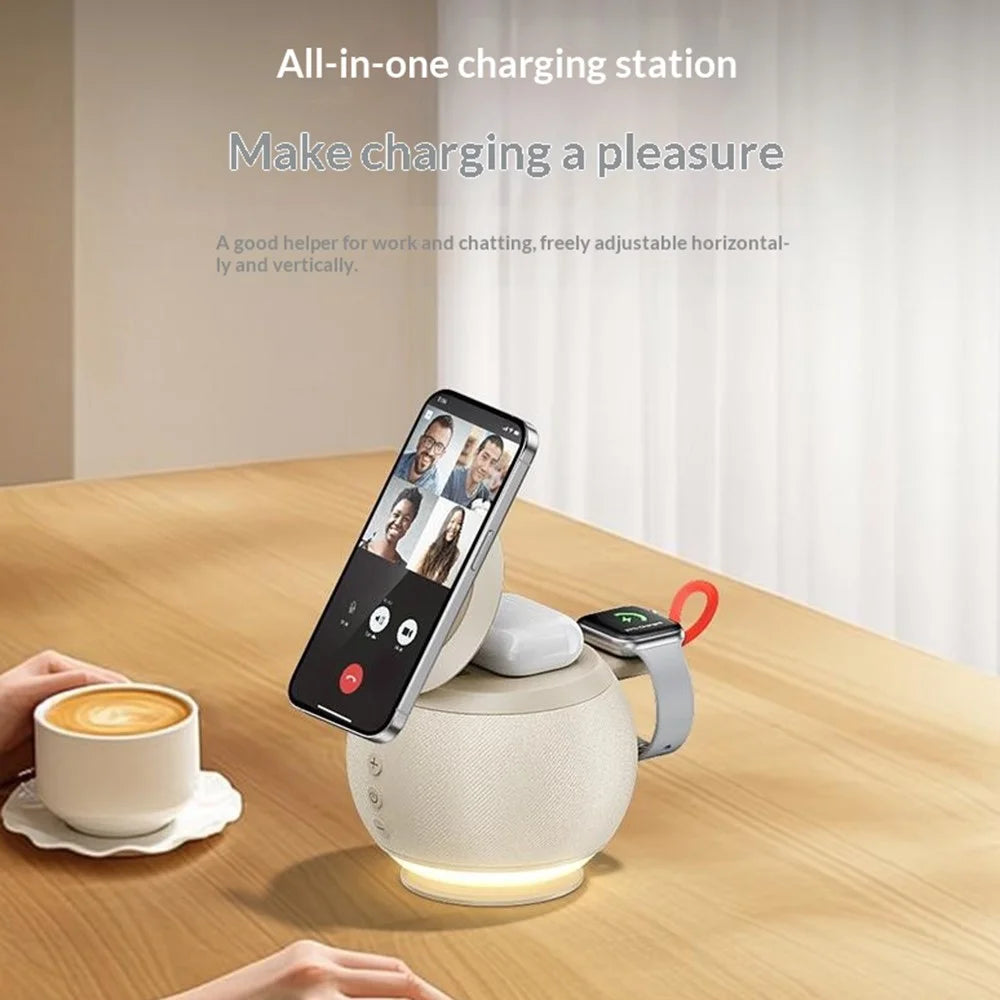 HT-572 5-in-1 15W Magnetic Wireless Charger with Bluetooth-compatible Speaker Night Light Charging Stand - Beige - 7