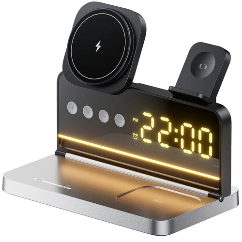 HT-568 3-in-1 Wireless Charger Stand 15W Magnetic Fast Charging Station Clock Desk Lamp for iPhone Watch AirPods - Black - 1
