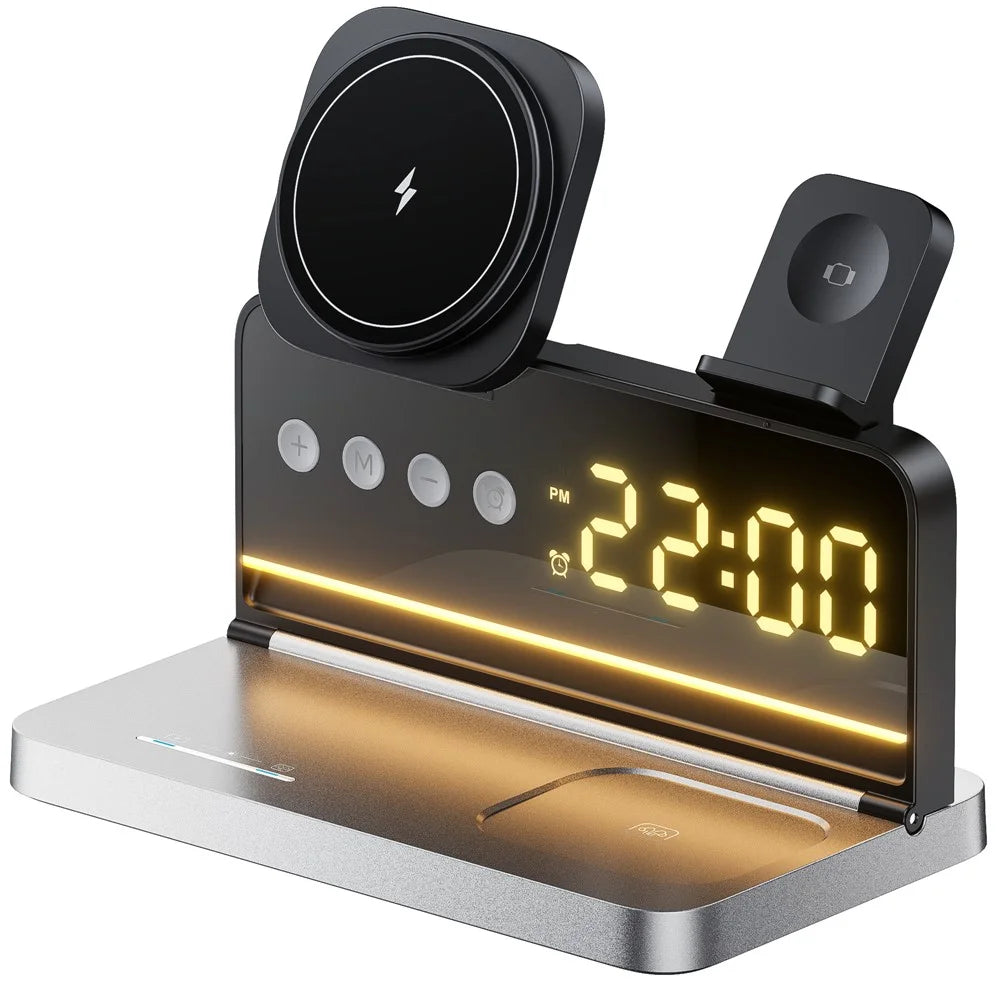 HT-568 3-in-1 Wireless Charger Stand 15W Magnetic Fast Charging Station Clock Desk Lamp for iPhone Watch AirPods - Black - 1