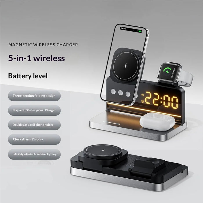 HT-568 3-in-1 Wireless Charger Stand 15W Magnetic Fast Charging Station Clock Desk Lamp for iPhone Watch AirPods - Black - 2