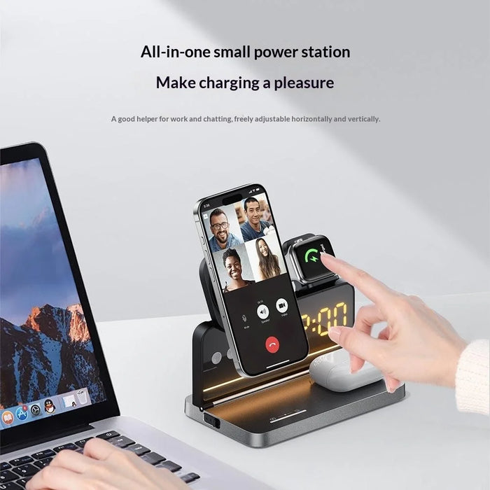 HT-568 3-in-1 Wireless Charger Stand 15W Magnetic Fast Charging Station Clock Desk Lamp for iPhone Watch AirPods - Black - 5