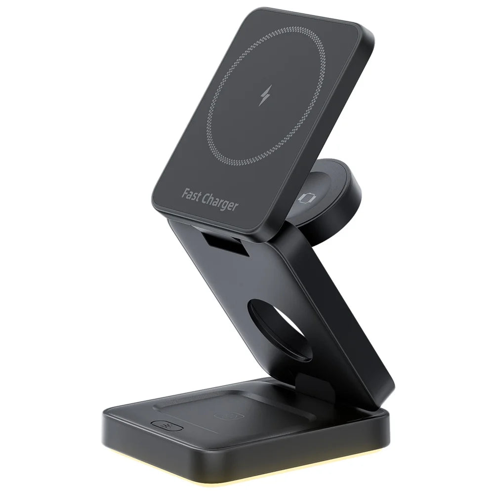 HT-552 Foldable Magnetic 15W Wireless Charger 3 in 1 Touch Night Light for Phone Watch Earbuds - Black - 1