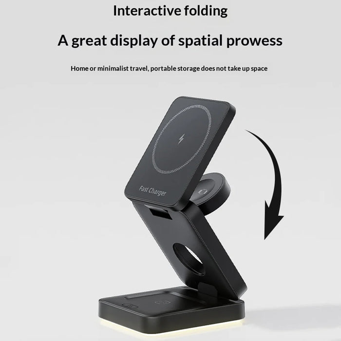 HT-552 Foldable Magnetic 15W Wireless Charger 3 in 1 Touch Night Light for Phone Watch Earbuds - Black - 4