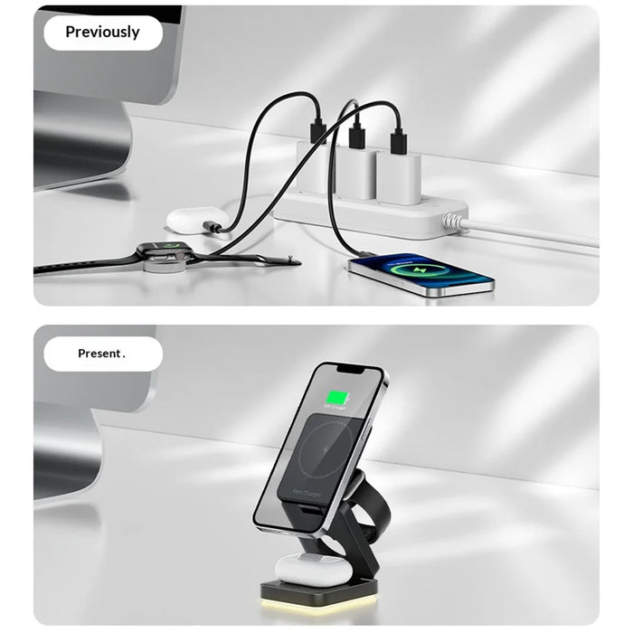 HT-552 Foldable Magnetic 15W Wireless Charger 3 in 1 Touch Night Light for Phone Watch Earbuds - Black - 5