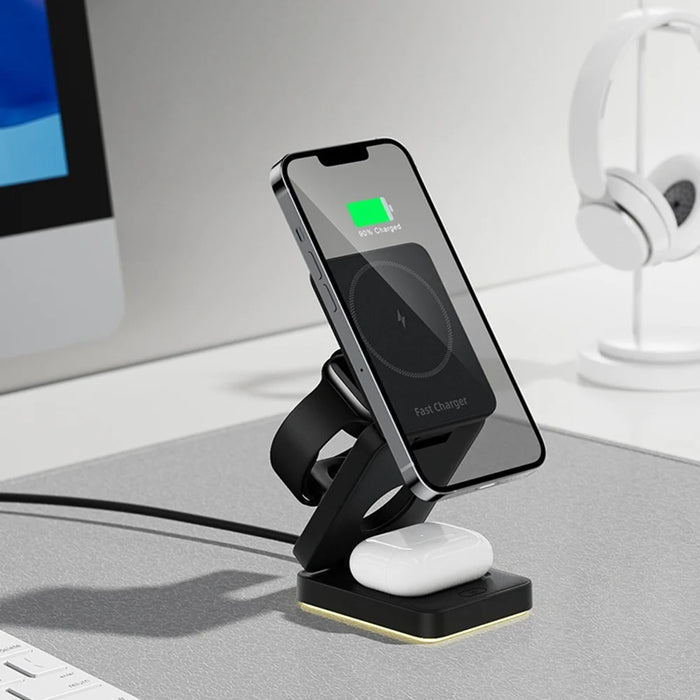 HT-552 Foldable Magnetic 15W Wireless Charger 3 in 1 Touch Night Light for Phone Watch Earbuds - Black - 6