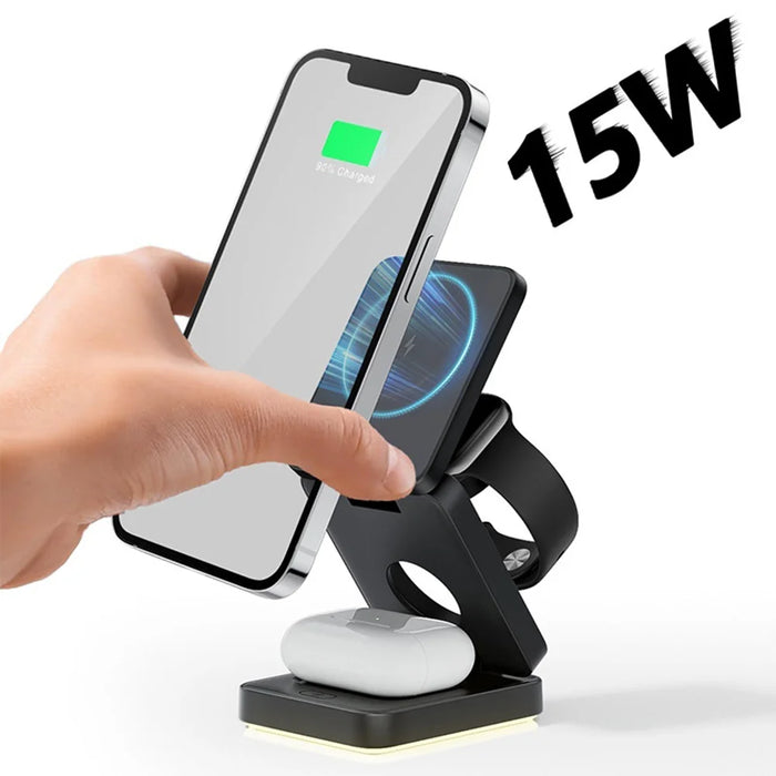 HT-552 Foldable Magnetic 15W Wireless Charger 3 in 1 Touch Night Light for Phone Watch Earbuds - Black - 7