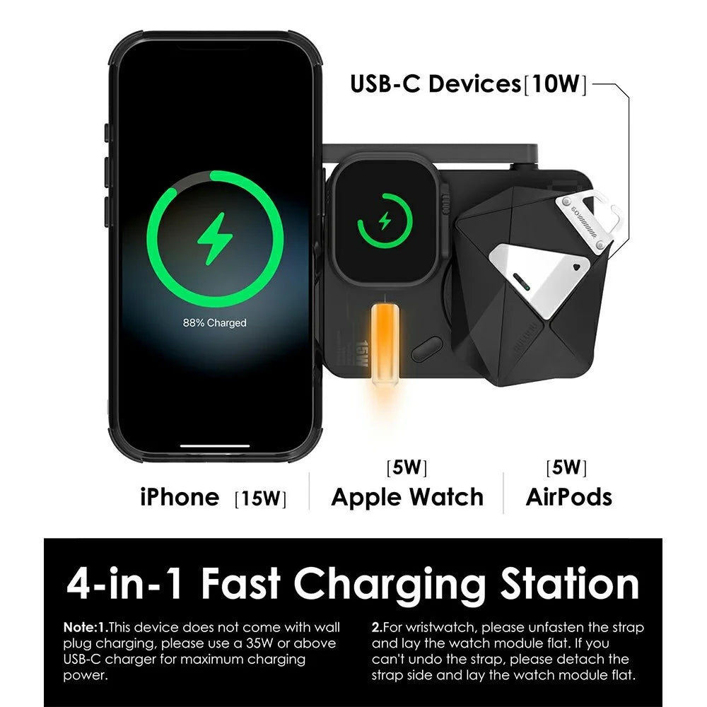 AULUMU M01 4-in-1 Wireless Charging Station Foldable Magnetic Wireless Charger Stand for iPhone Apple Watch AirPods iPad - Black - 5