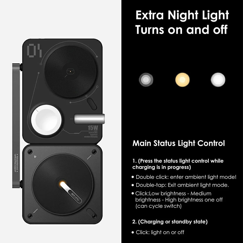 AULUMU M01 4-in-1 Wireless Charging Station Foldable Magnetic Wireless Charger Stand for iPhone Apple Watch AirPods iPad - Black - 6