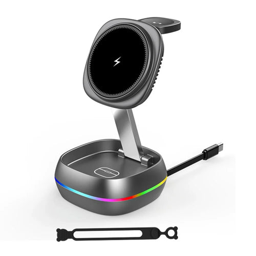 3-in-1 15W Magnetic Charging Station Foldable Charger Stand for Phone Watch Earbuds with Type-C Cable - Gunmetal - 1