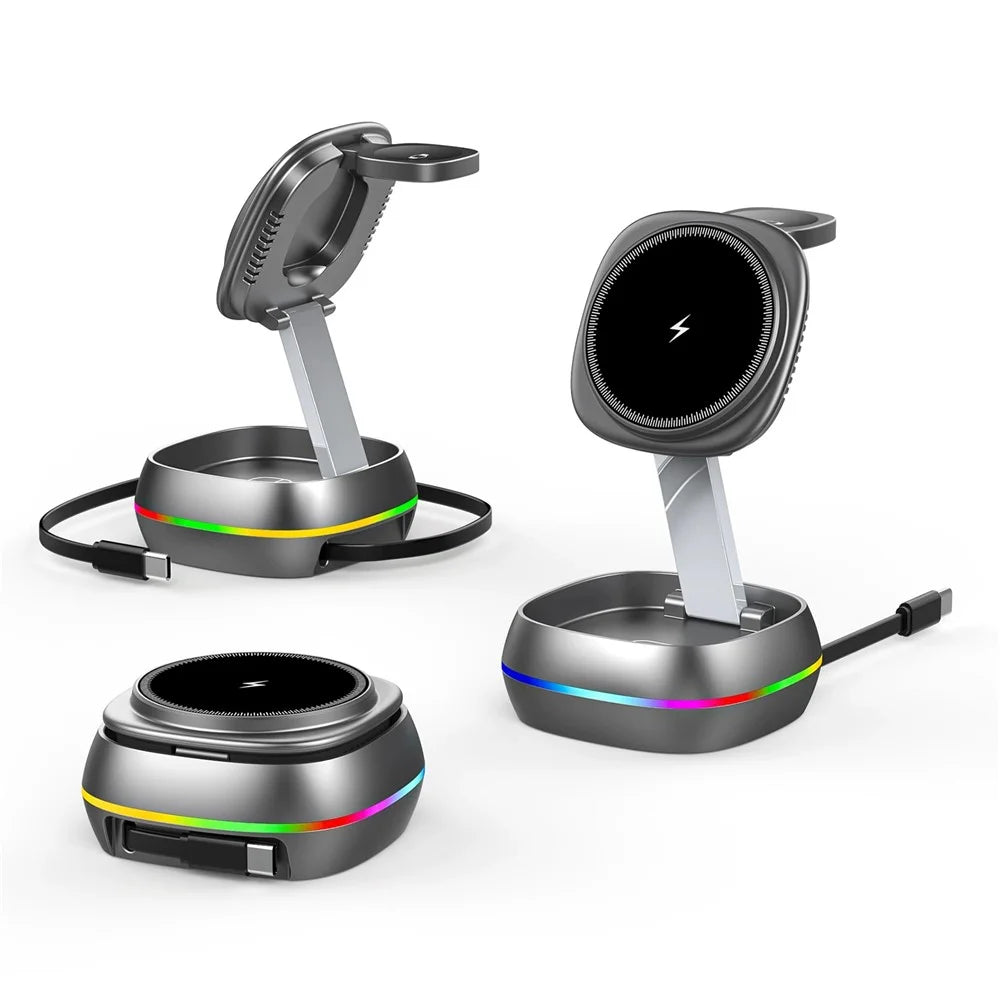 3-in-1 15W Magnetic Charging Station Foldable Charger Stand for Phone Watch Earbuds with Type-C Cable - Gunmetal - 2
