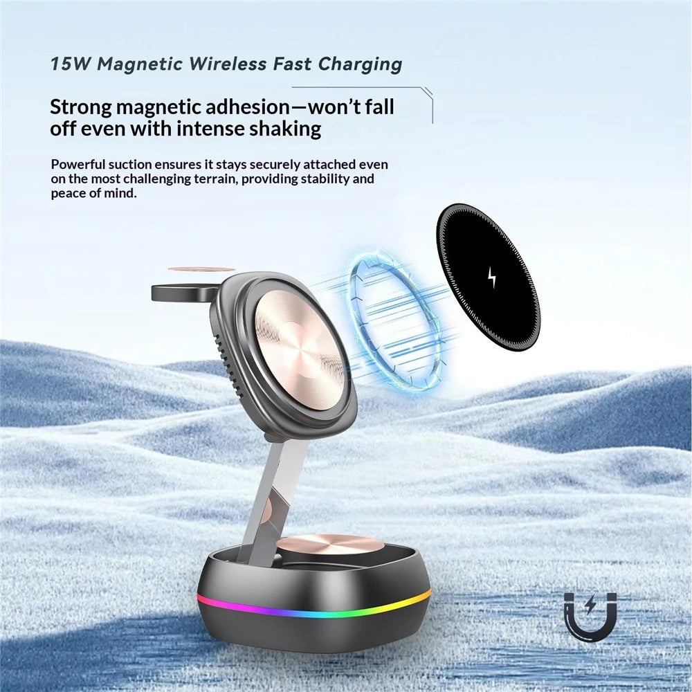 3-in-1 15W Magnetic Charging Station Foldable Charger Stand for Phone Watch Earbuds with Type-C Cable - Gunmetal - 4