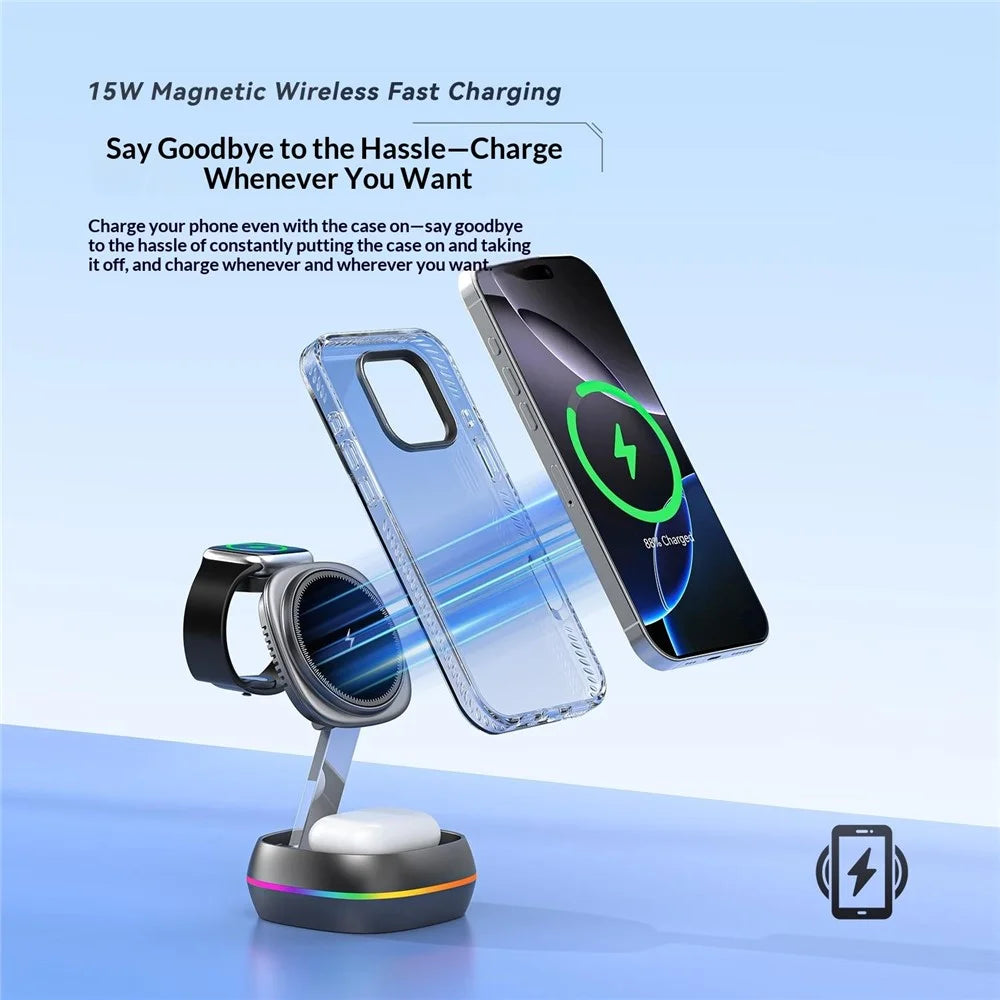 3-in-1 15W Magnetic Charging Station Foldable Charger Stand for Phone Watch Earbuds with Type-C Cable - Gunmetal - 5