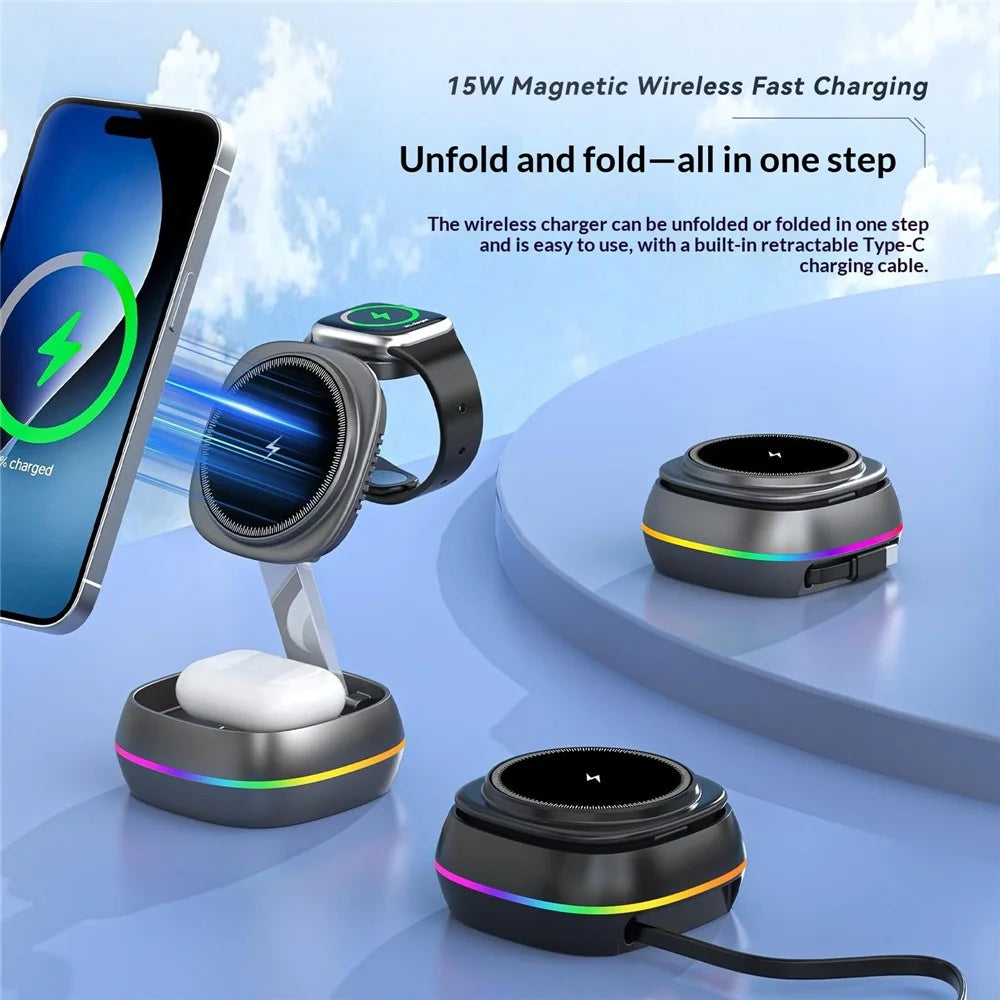 3-in-1 15W Magnetic Charging Station Foldable Charger Stand for Phone Watch Earbuds with Type-C Cable - Gunmetal - 7