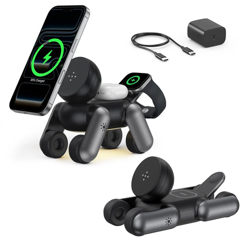 D6 3 in 1 Robot Dog Wireless Charging Station with Touch Night Light 15W Magnetic Charger for iPhone / AirPods / Apple Watch - Black - 1
