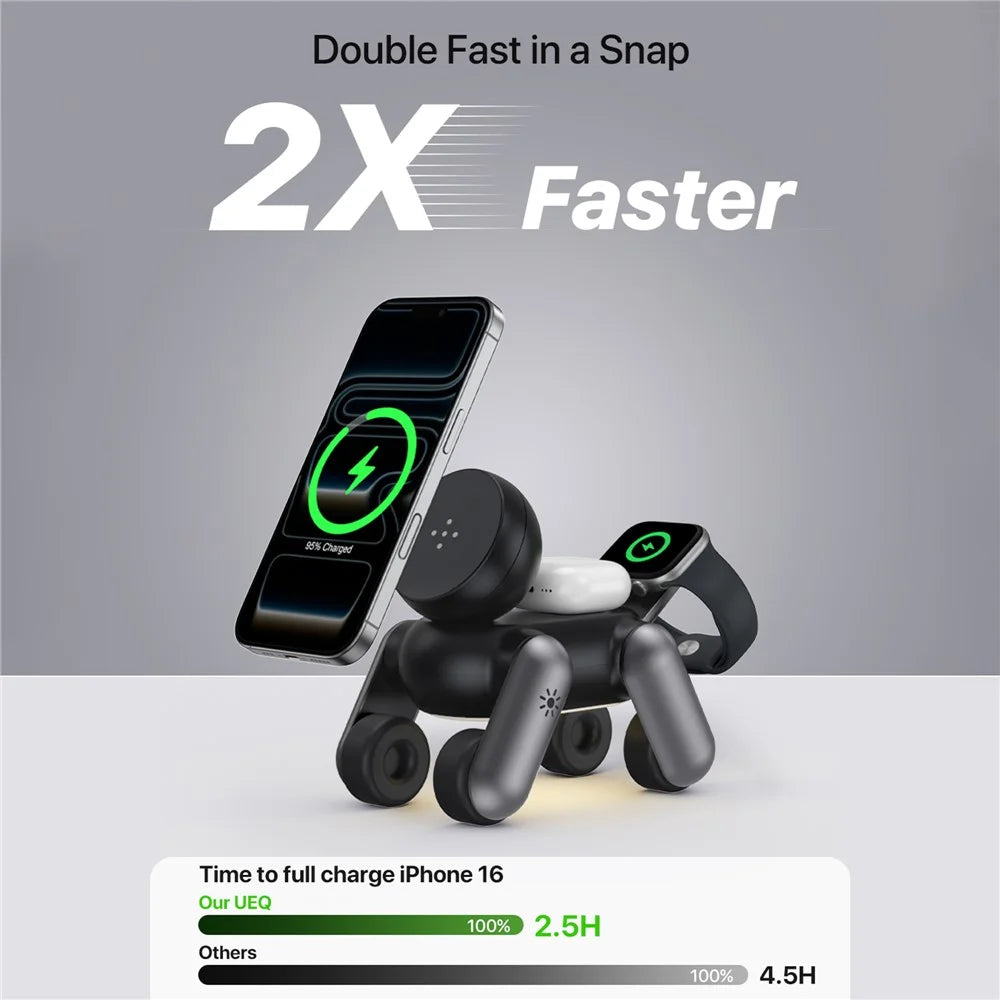 D6 3 in 1 Robot Dog Wireless Charging Station with Touch Night Light 15W Magnetic Charger for iPhone / AirPods / Apple Watch - Black - 2