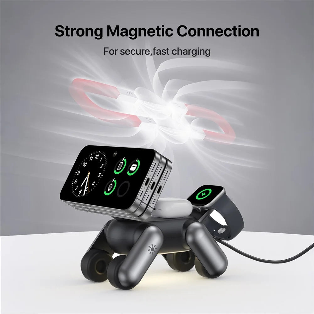 D6 3 in 1 Robot Dog Wireless Charging Station with Touch Night Light 15W Magnetic Charger for iPhone / AirPods / Apple Watch - Black - 3
