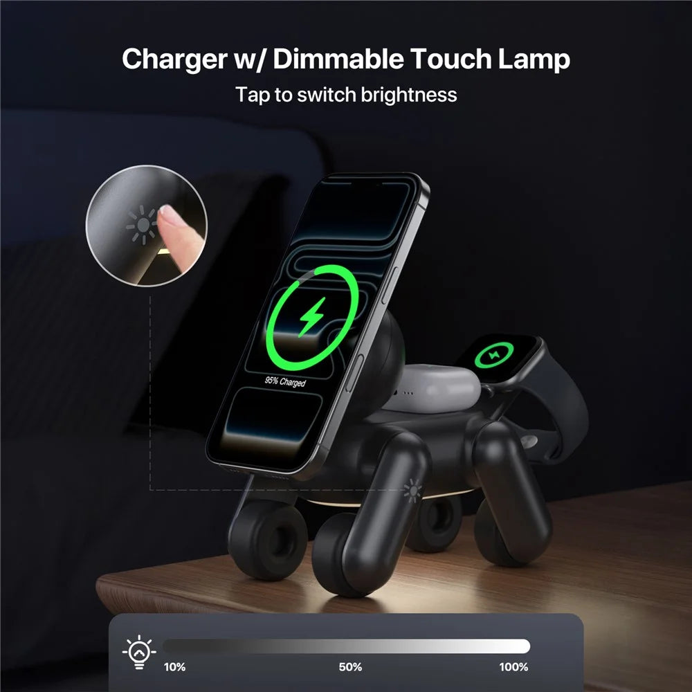 D6 3 in 1 Robot Dog Wireless Charging Station with Touch Night Light 15W Magnetic Charger for iPhone / AirPods / Apple Watch - Black - 4