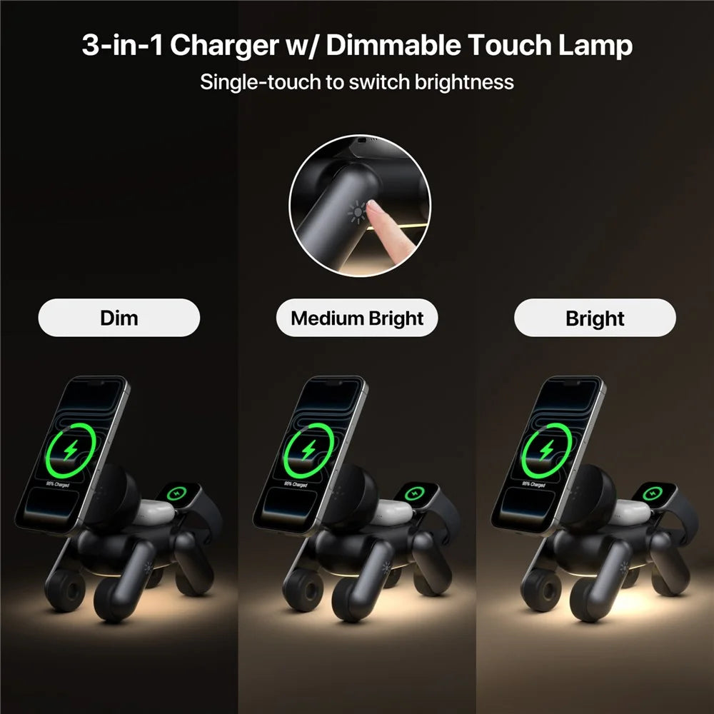 D6 3 in 1 Robot Dog Wireless Charging Station with Touch Night Light 15W Magnetic Charger for iPhone / AirPods / Apple Watch - Black - 5