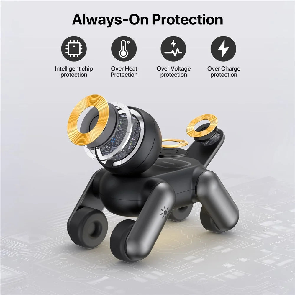 D6 3 in 1 Robot Dog Wireless Charging Station with Touch Night Light 15W Magnetic Charger for iPhone / AirPods / Apple Watch - Black - 6