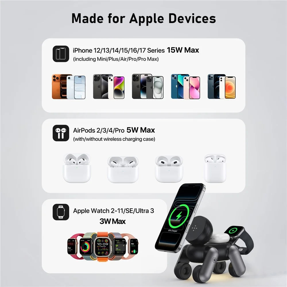 D6 3 in 1 Robot Dog Wireless Charging Station with Touch Night Light 15W Magnetic Charger for iPhone / AirPods / Apple Watch - Black - 7