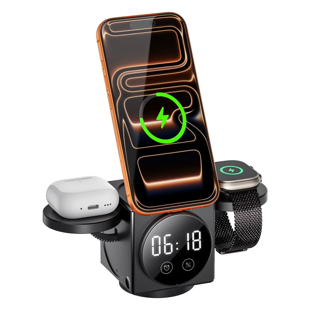A8 3 in 1 Wireless Charger Magnetic 15W Fast Charging Stand with Clock Night Light for Phone Watch Earbuds - Black - 3