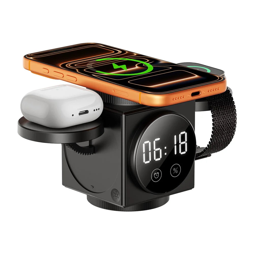 A8 3 in 1 Wireless Charger Magnetic 15W Fast Charging Stand with Clock Night Light for Phone Watch Earbuds - Black - 4