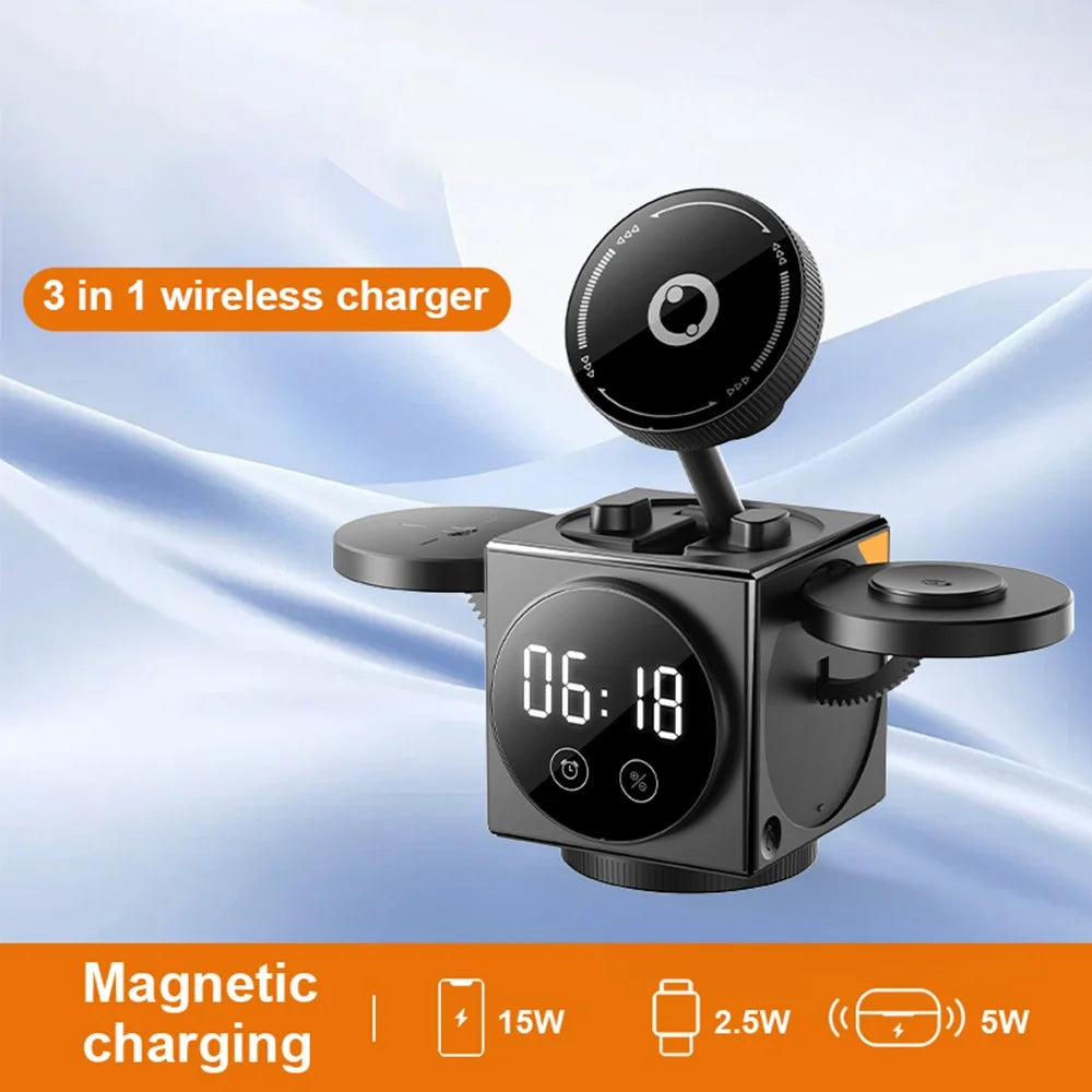 A8 3 in 1 Wireless Charger Magnetic 15W Fast Charging Stand with Clock Night Light for Phone Watch Earbuds - Black - 5