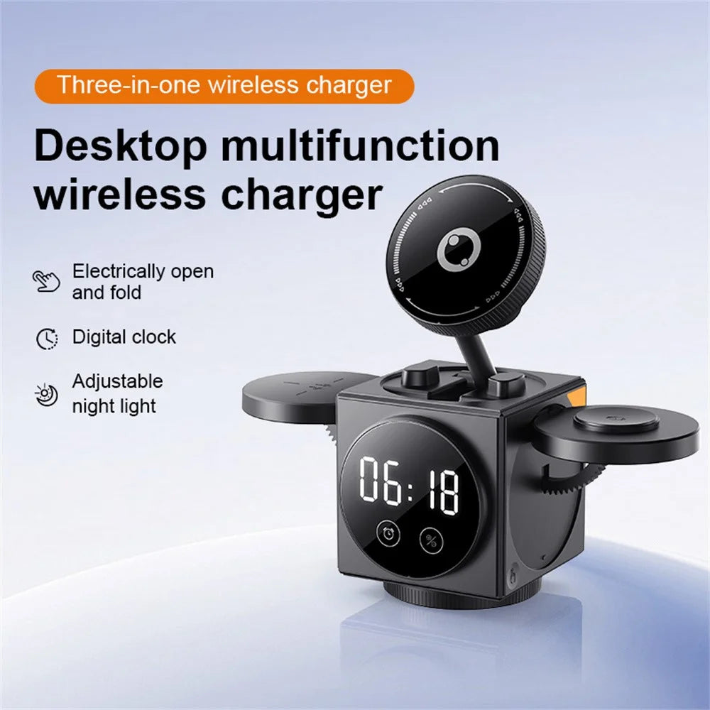 A8 3 in 1 Wireless Charger Magnetic 15W Fast Charging Stand with Clock Night Light for Phone Watch Earbuds - Black - 6