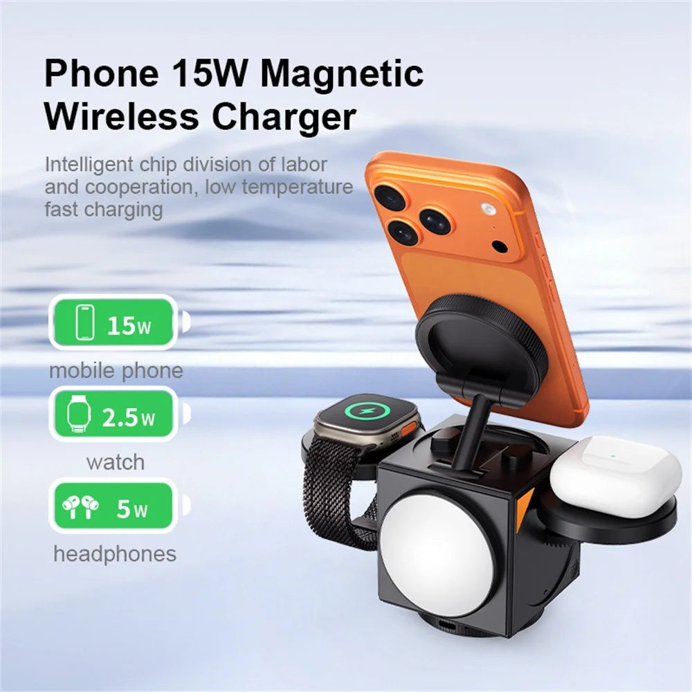 A8 3 in 1 Wireless Charger Magnetic 15W Fast Charging Stand with Clock Night Light for Phone Watch Earbuds - Black - 7