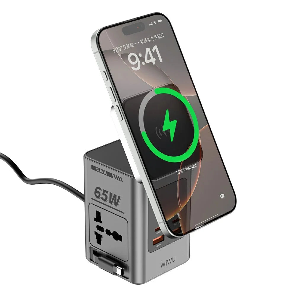 WIWU Wi-W040 10 in 1 65W GaN Fast Charger Wireless Charging Desktop Power Station with AC Outlets, EU Plug - 3