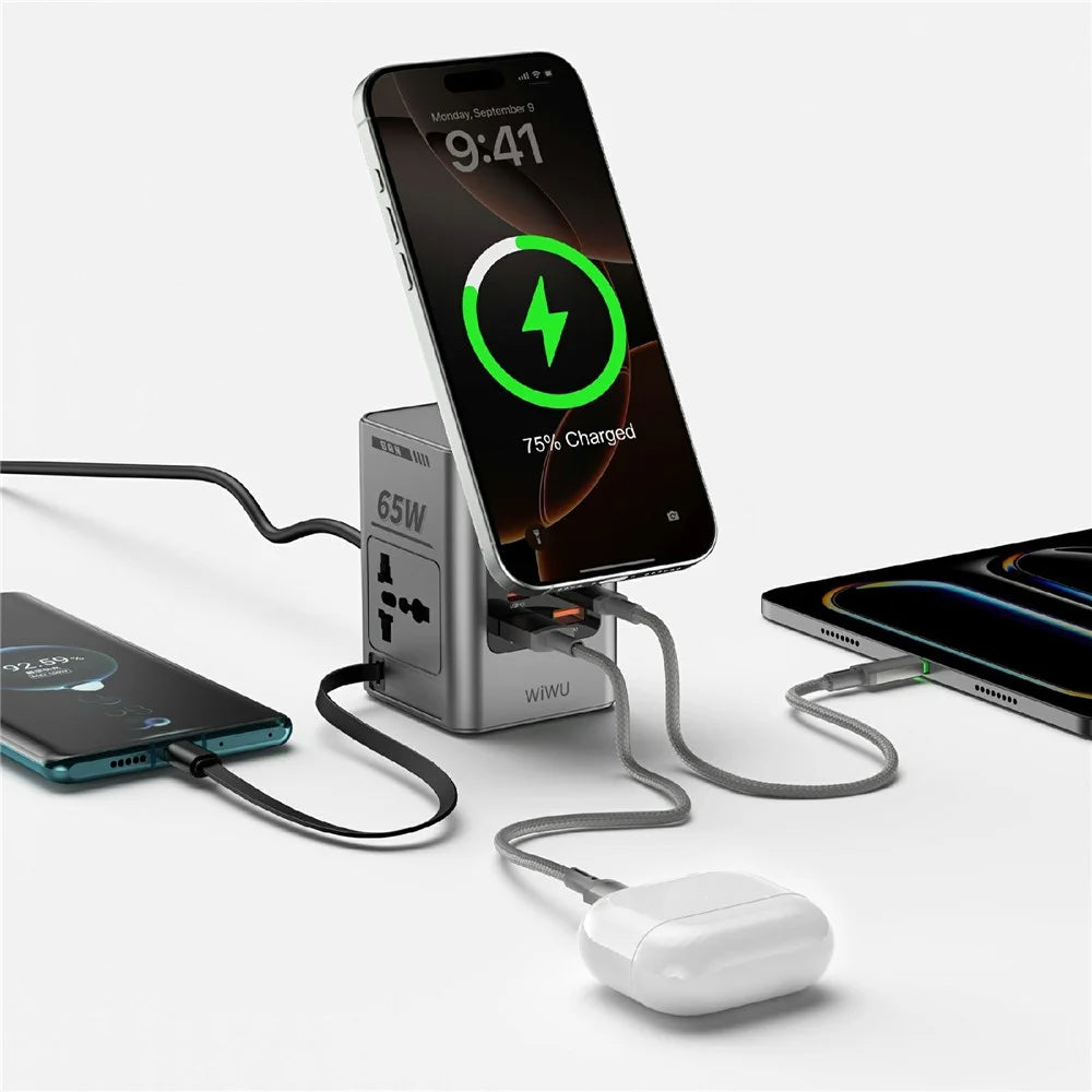 WIWU Wi-W040 10 in 1 65W GaN Fast Charger Wireless Charging Desktop Power Station with AC Outlets, EU Plug - 4