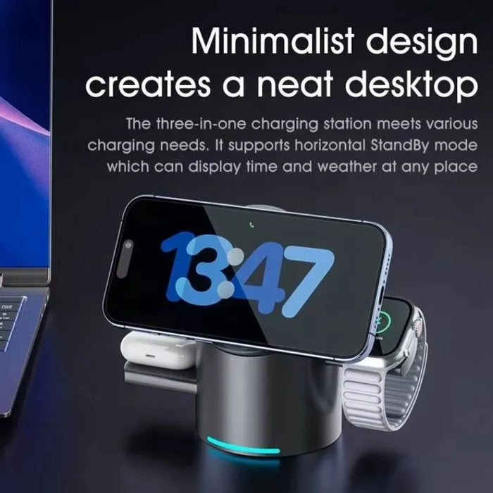 CBT-10 Qi2 15W Magnetic Charging Station 3 in 1 Wireless Charger Auto Rotating for iPhone / AirPods / Apple Watch - Black - 3