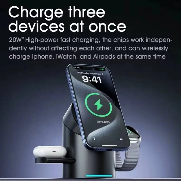 CBT-10 Qi2 15W Magnetic Charging Station 3 in 1 Wireless Charger Auto Rotating for iPhone / AirPods / Apple Watch - Black - 5