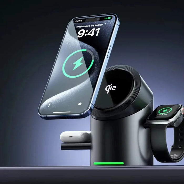 CBT-10 Qi2 15W Magnetic Charging Station 3 in 1 Wireless Charger Auto Rotating for iPhone / AirPods / Apple Watch - Black - 7