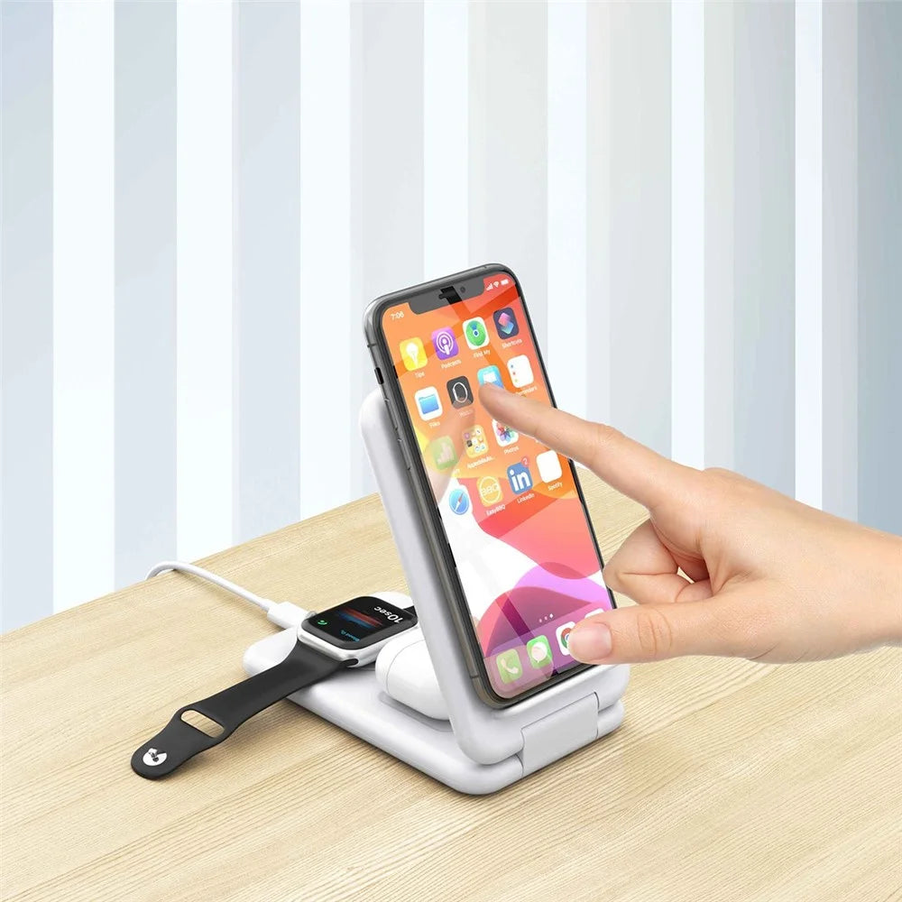 B-13 3-in-1 15W Wireless Charger Cell Phone Stand Holder Foldable Charging Pad for Apple Watch / AirPods - Black - 2