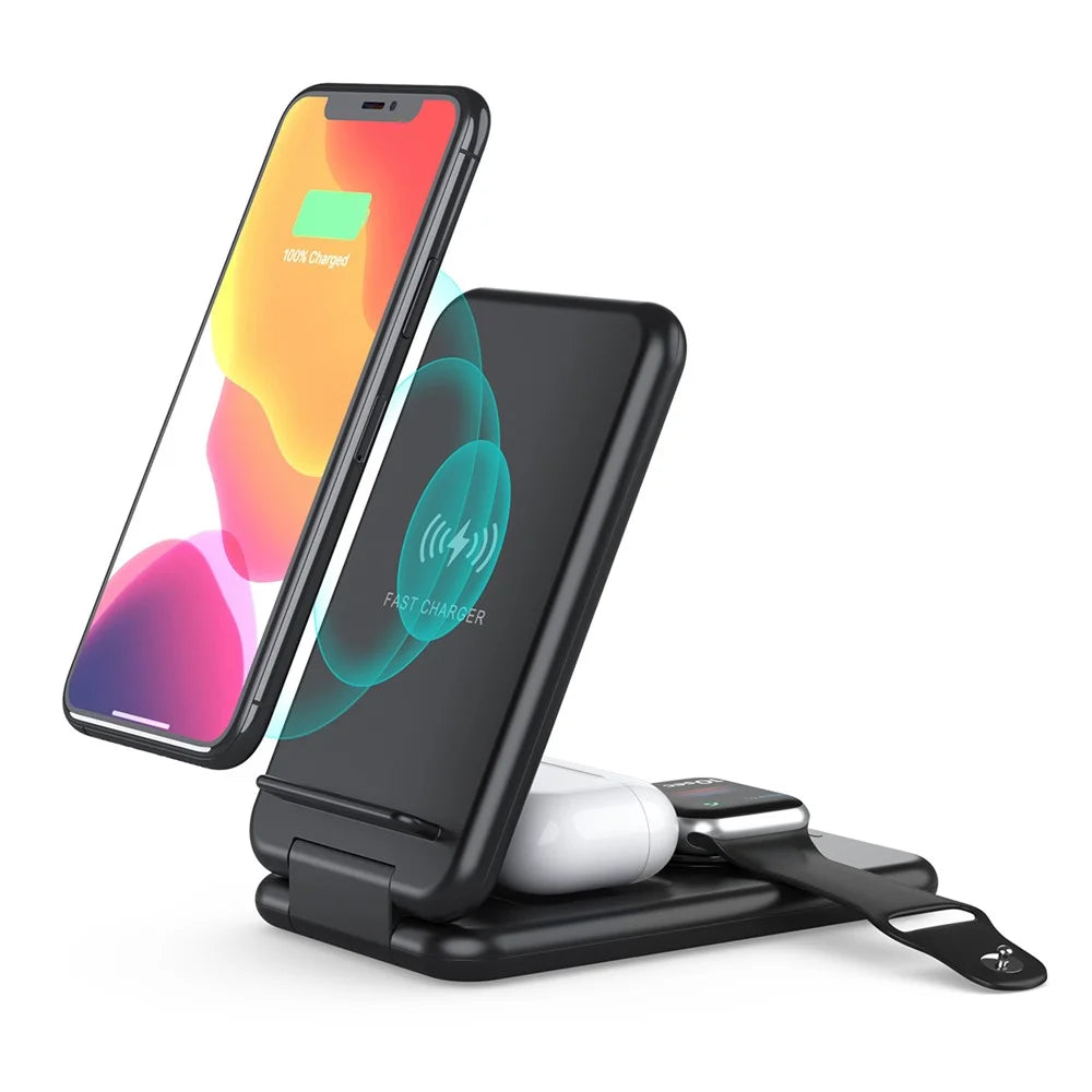 B-13 3-in-1 15W Wireless Charger Cell Phone Stand Holder Foldable Charging Pad for Apple Watch / AirPods - Black - 4