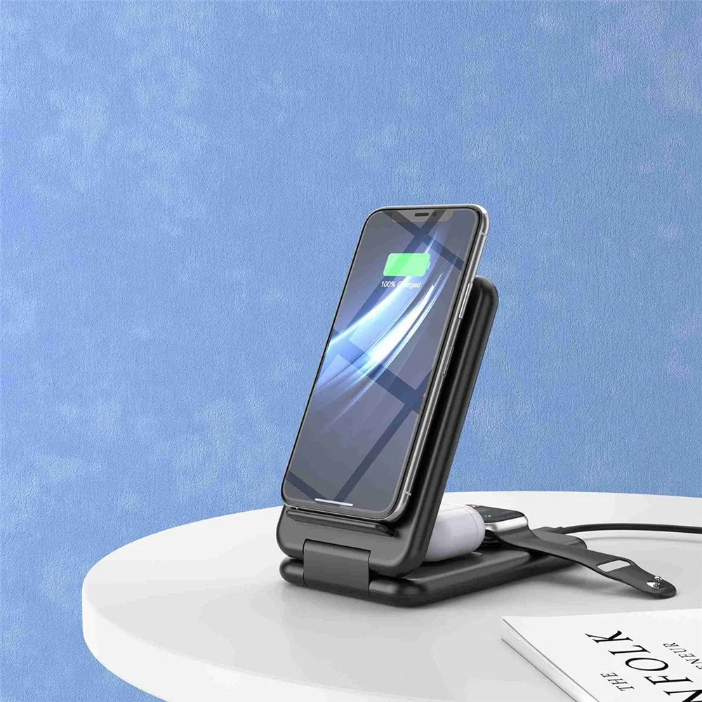 B-13 3-in-1 15W Wireless Charger Cell Phone Stand Holder Foldable Charging Pad for Apple Watch / AirPods - Black - 5