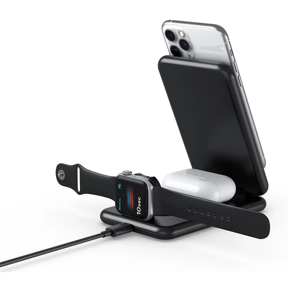 B-13 3-in-1 15W Wireless Charger Cell Phone Stand Holder Foldable Charging Pad for Apple Watch / AirPods - Black - 7