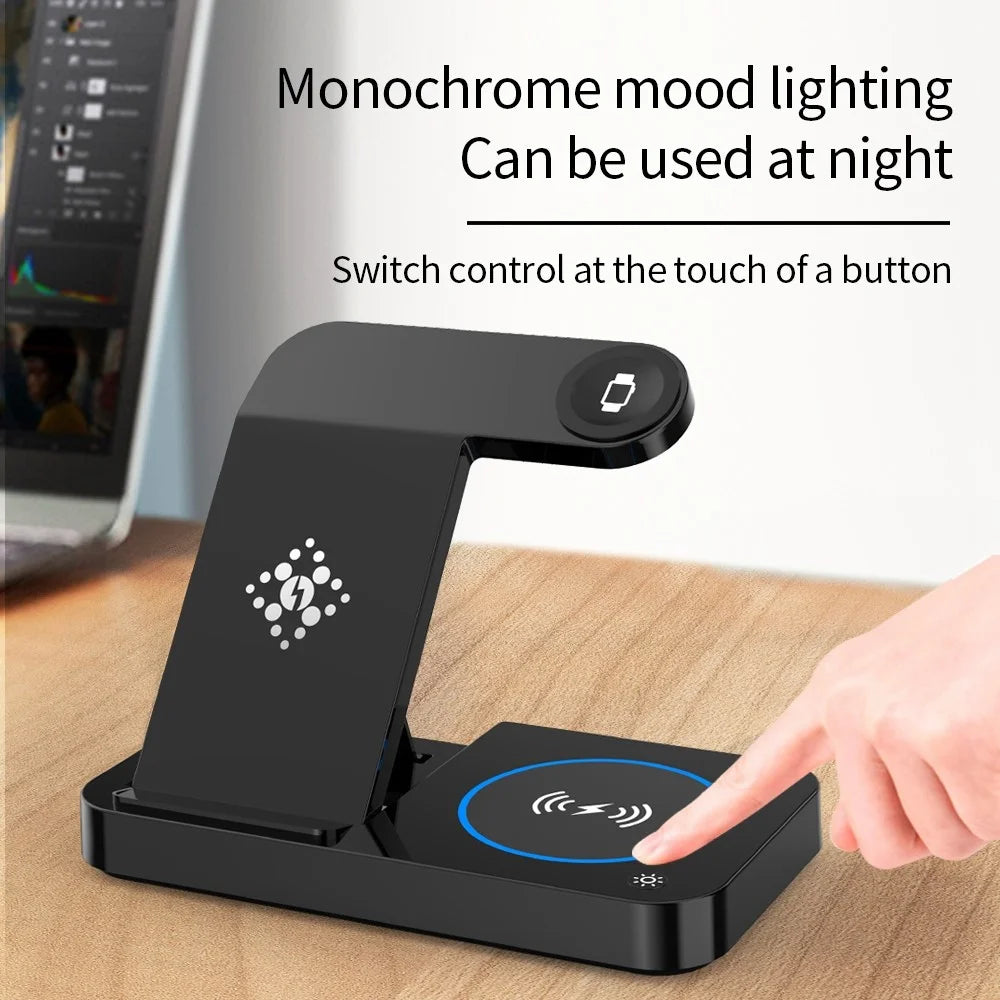 B-18 4 in 1 Folding Charging Dock Magnetic Wireless Charger with USB Output for Smartphone / Smart Watch / Earphones - Black - 4