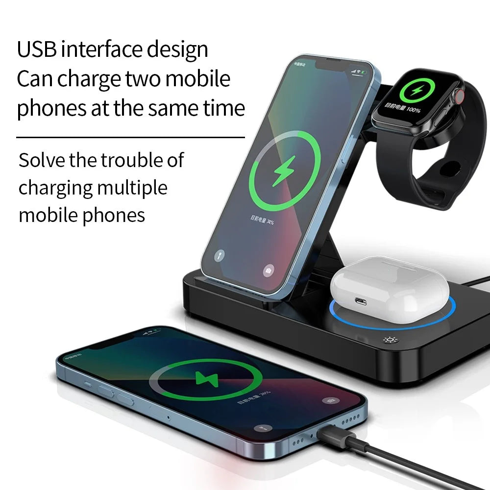 B-18 4 in 1 Folding Charging Dock Magnetic Wireless Charger with USB Output for Smartphone / Smart Watch / Earphones - Black - 5