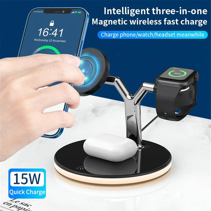 970 For iPhone / Apple Watch / AirPods 3 in 1 Wireless Charger Fast Charging Desktop Stand Cradle with Light - Black - 6