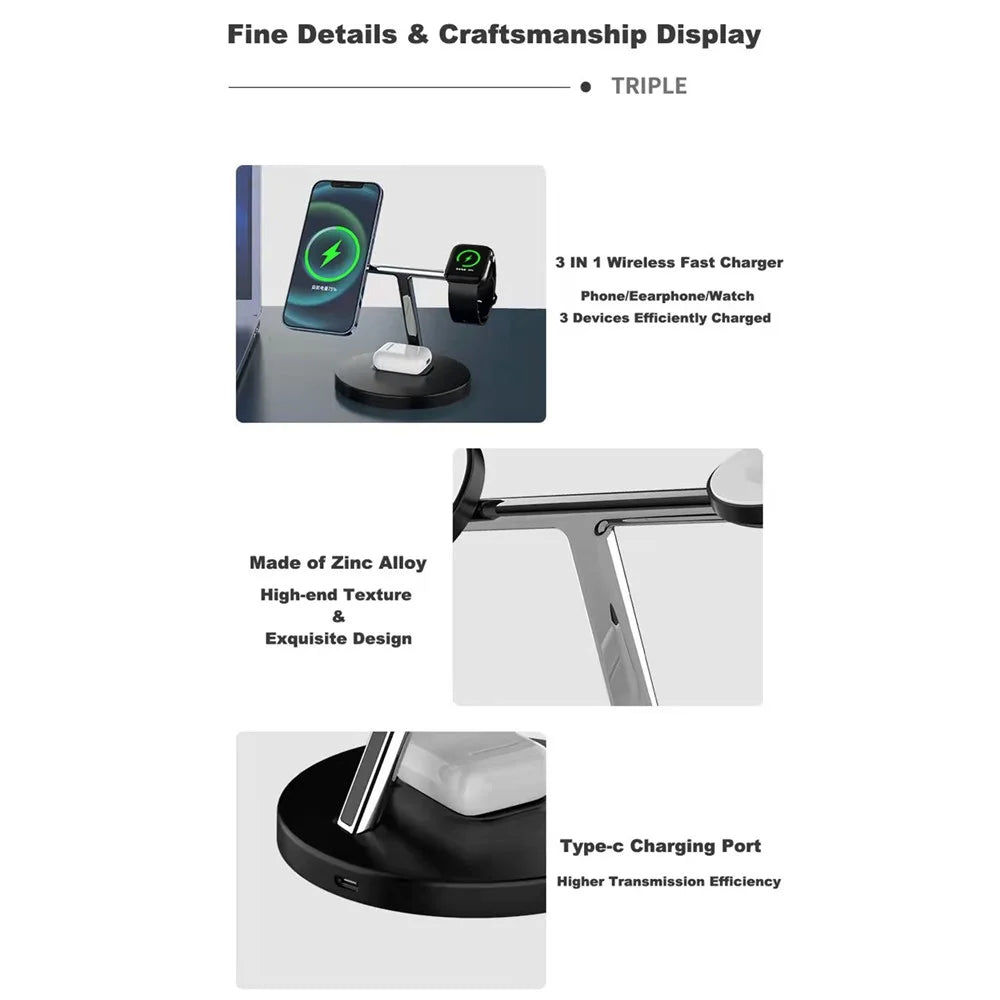 CF31 3-in-1 Magnetic Wireless Charger 15W Fast Charging Stand Holder for Apple Watch / AirPods / iPhone and Qi-enabled Devices - Black - 5
