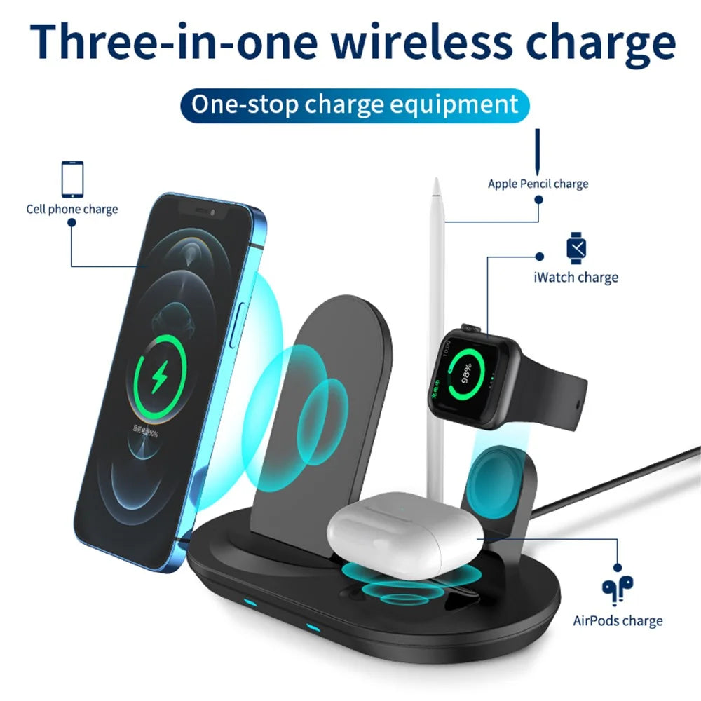 JJT-885 4 in 1 Wireless Charger for iPhone / Apple Watch / AirPods / Apple Pencil Multifunction 15W Fast Charging Station - Black - 6