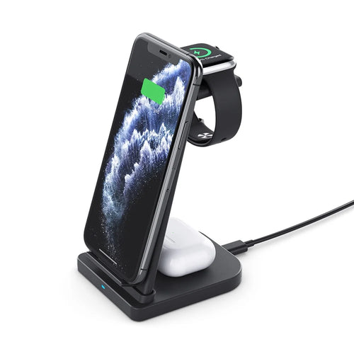 B-12 Universal Desktop Charger 3-in-1 15W Wireless Charging Folding Stand for Mobile Phone / Earphones / Smart Watch - Black - 1