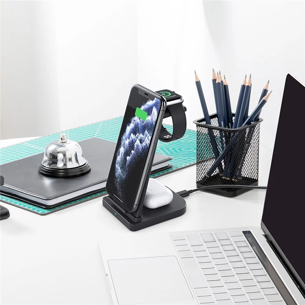 B-12 Universal Desktop Charger 3-in-1 15W Wireless Charging Folding Stand for Mobile Phone / Earphones / Smart Watch - Black - 3