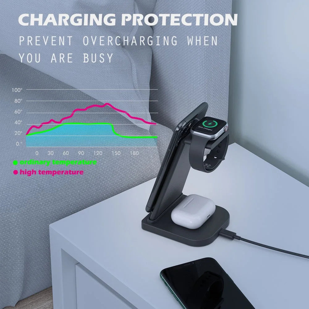 B-12 Universal Desktop Charger 3-in-1 15W Wireless Charging Folding Stand for Mobile Phone / Earphones / Smart Watch - Black - 4