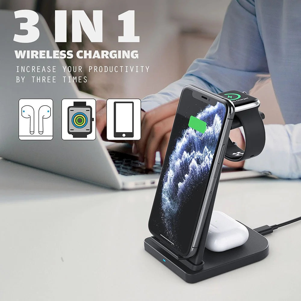 B-12 Universal Desktop Charger 3-in-1 15W Wireless Charging Folding Stand for Mobile Phone / Earphones / Smart Watch - Black - 5